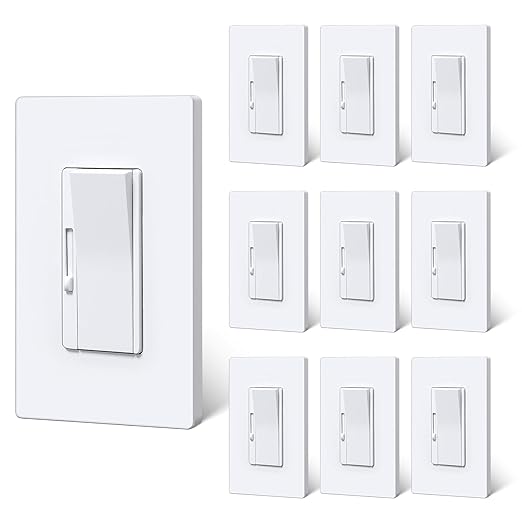BESTTEN 10 Pack Super Slim Digital Dimmer Light Switch, Quiet Rocker, Max 300W LED, CFL, 600W Halogen, Single Pole or 3 Way Dimmable Switch, Screwless Wallplate Included, ETL Listed, White