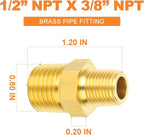 GASHER Brass Reducing Hex Nipples,1/2 Inch NPT Male x 3/8 Inch NPT Male Brass Pipe Adapter Fittings Reducing Nipples Connector（8Pcs）