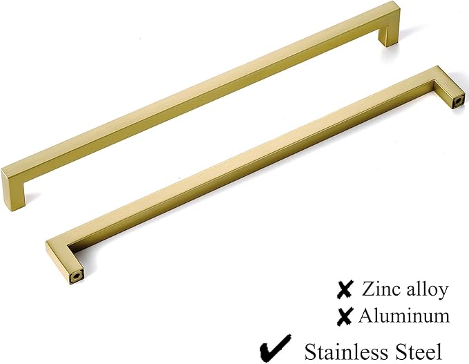 Gold Handles for Kitchen Cabinets 10 Pack, 12-3/5 Inch Hole Center Stainless Steel Square Cabinet Pulls Brushed Gold Cabinet Handles Drawer Handles Dresser Hardware