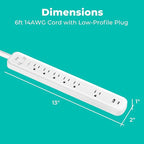 KMC 6-Outlet Surge Protector Power Strip, 1 USB-A & 1 USB-C Port, 840J Power Surge Protectors, 6ft Extension Cord, Flat Plug, White Power Strip Surge Protector, ETL/UL Certified Power Strips, White