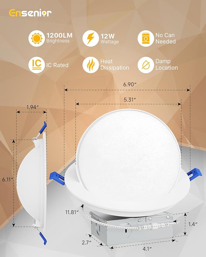 Ensenior 6 Pack 6 inch Gimbal Led Recessed Lighting, 90° Rotatable and 5CCT Selectable, Dimmable Eyeball Recessed Lights, Canless Angled Adjustable Ceiling Downlight, 1200LM, 12W=115W-FCC Certified