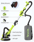 Drywall Sander, 7.2A Electric Drywall Sander with Vacuum Dust Collection, 6 Variable Speed 900-1800RPM, LED Light, Foldable & Extendable Handle, 9 Pcs Sandpaper&3 Pcs Grid Sandpaper, Full Green