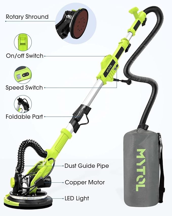 Drywall Sander, 7.2A Electric Drywall Sander with Vacuum Dust Collection, 6 Variable Speed 900-1800RPM, LED Light, Foldable & Extendable Handle, 9 Pcs Sandpaper&3 Pcs Grid Sandpaper, Full Green