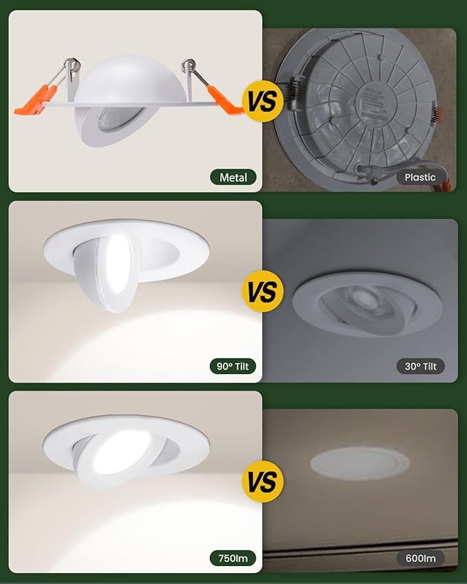 ZYC Gimbal LED Recessed Lighting - 3 Inch 5CCT 7W 360° Rotation Adjustable Eyeball Light,LED Swivel Spotlight,Directional Sloped Ceiling Light,Dimmable Wafer Downlight Pack of 6 Brushed Nickel.