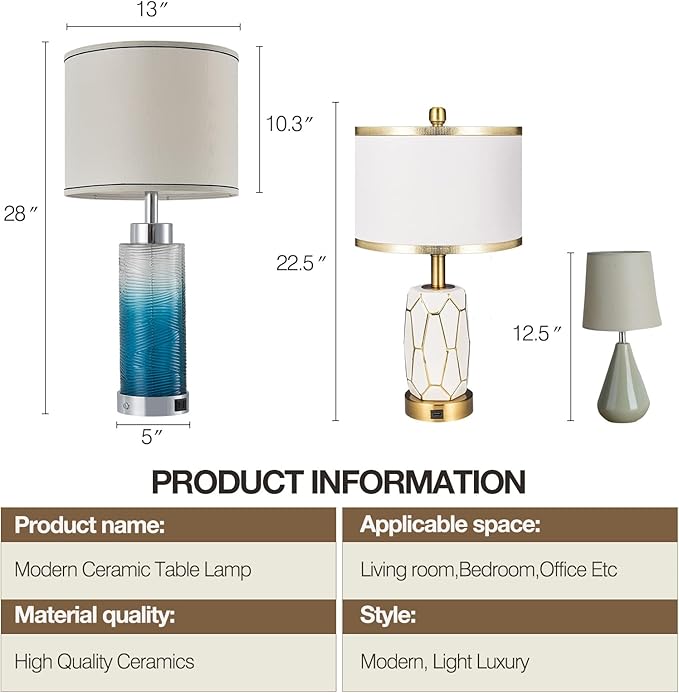 Modern Glass Table Lamps, 3-Way Dimmable Touch Control Bedroom Lamps for Nightstands，Bedside Lamps Set of 2 with USB A+C Ports,Living Room，Home，Office with Linen Shade (Bulbs Included)