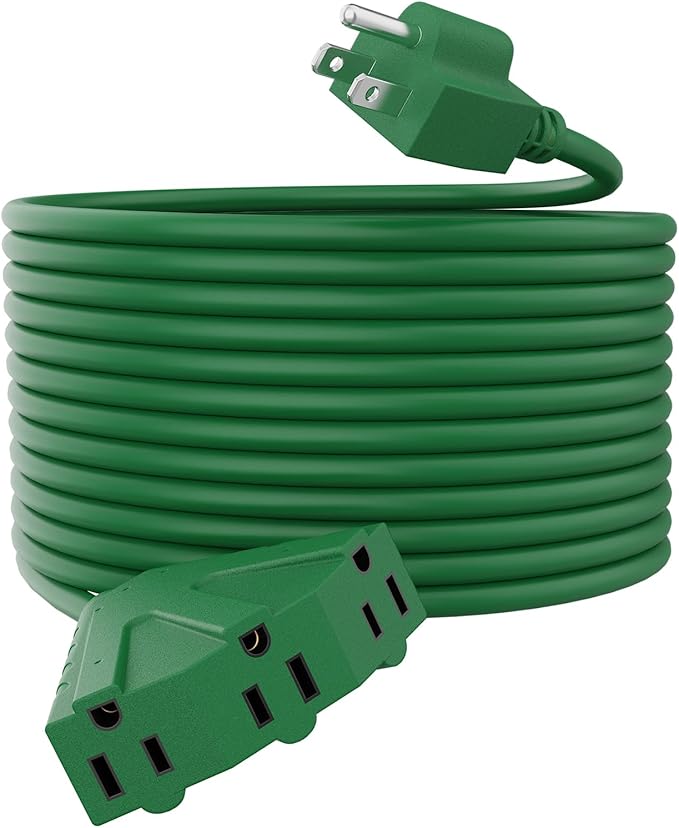 PLUGTUL 100FT Outdoor Extension Cord with Multiple Outlets, 14 Gauge, 3-Outlet, SJTW, 15A 14AWG 1875W SJTW, ETL Listed - Great for Christmas Decoration Lights, Green