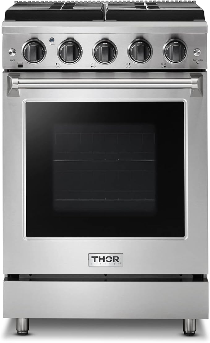 Thor Kitchen 24 in. Freestanding Gas Range LRG2401U with 4 Sealed Burners, 3.7 cu. ft. Oven, Storage Drawer, Cast Iron Grate in Stainless Steel