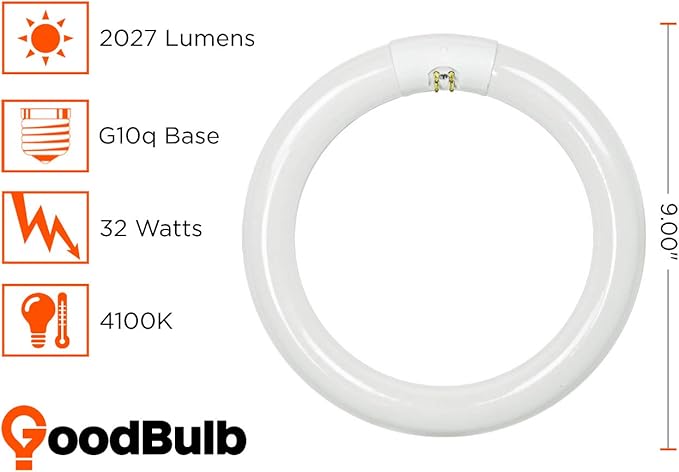 GoodBulb 32-Watt 9 Inch T9 Fluorescent Circline Light Bulb 4100K Cool White Light Color G10q Base High Output 2027 Lumens 10000 Life Hours 80 CRI Pack of 10 Bulbs