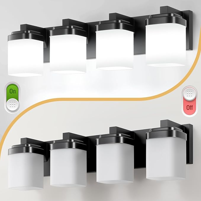 4-Light Black Bathroom Light Fixtures, Vanity Lights for Bathroom Mirror Lamp with Milky White Square Glass Shade, E26 Base Modern Wall Sconce Light Kitchen Light Fixtures Led Vanity