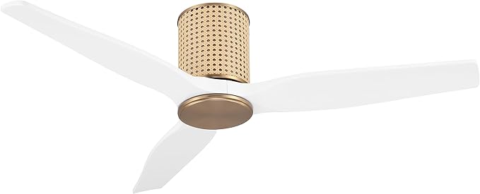 48" Ceiling Fan No Light - Low Profile Flush Mount Ceiling Fan, 6-Speed Remote Control, Solid Wood, Quiet Reversible DC Motor, White/Gold Finish, for Bedroom, Living Room, Porch