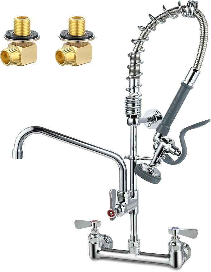 Commercial Sink Faucet with Sprayer 8 Inch Center Wall Mount Kitchen Sink Faucet with 10" Add-on Swing Spout 25" Height Faucet with Down Pre-Rinse Sprayer