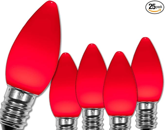 Wintergreen Lighting 25 Pack OptiCore C7 LED Christmas Light Bulbs - Replacement LED Christmas Lights Heavy Duty Premium Outdoor Christmas Lights, E12 Base (Red Smooth)