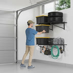 1-Pack Garage Wall Shelves, 2' x 4' Heavy Duty Wall Mounted Storage Rack with 3 Hooks, 250 lbs Capacity, Steel Garage Organization Shelving for Tools, Bins, and Power Equipment