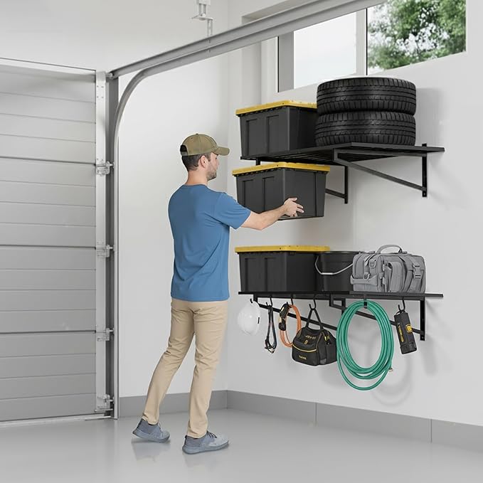 1-Pack Garage Wall Shelves, 2' x 4' Heavy Duty Wall Mounted Storage Rack with 3 Hooks, 250 lbs Capacity, Steel Garage Organization Shelving for Tools, Bins, and Power Equipment