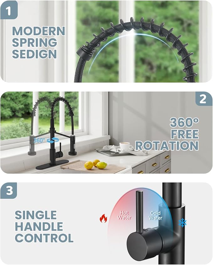 Kitchen Faucet Set, Black Kitchen Sink Faucets with Pull Down Sprayer and Soap Dispenser, Single Handle Stainless Steel Faucets for Kitchen Sinks, Farmhouse RV Faucet with Deck Plate