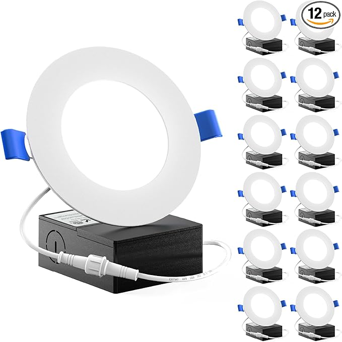 Sunco 12 Pack 4 Inch LED Recessed Lights, Slim Canless Ceiling Lighting, 650 LM, 10W (60W Equivalent), 5000K Daylight, Dimmable, Wafer Thin, Ultra Thin with Junction Box ETL