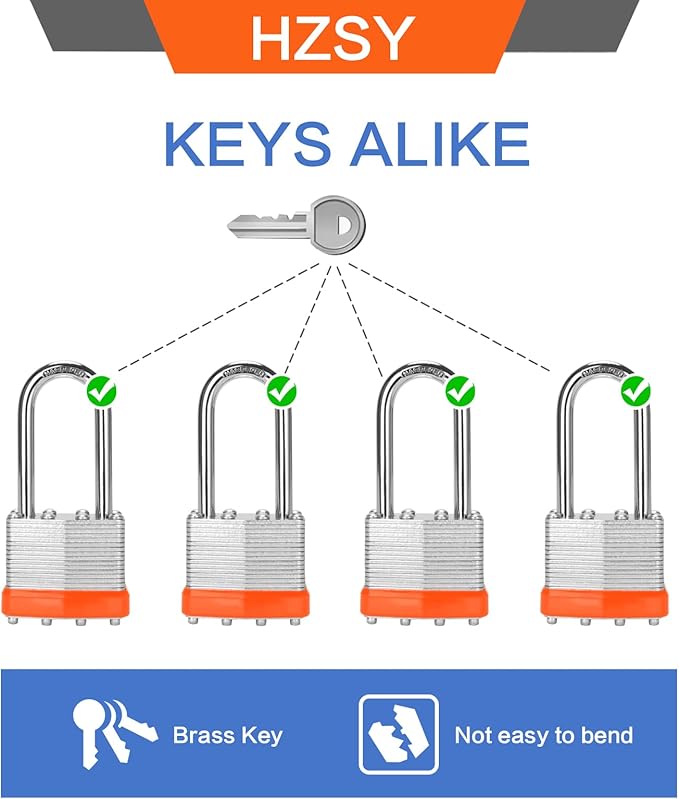 Padlocks Keyed Alike, Pack of 12, Laminated Steel Keyed Lock (1-9/16", 40mm), Padlocks with Same Key, Long Shackle, for Toolbox, Locker & StorageUnit or More