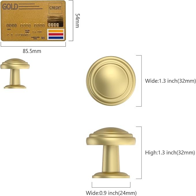 Amerdeco 10 Pack Brushed Gold Cabinet Knobs Single Hole Cabinet Pulls 1 Inch Drawer Knobs for Bathroom Cabinets ZH0086