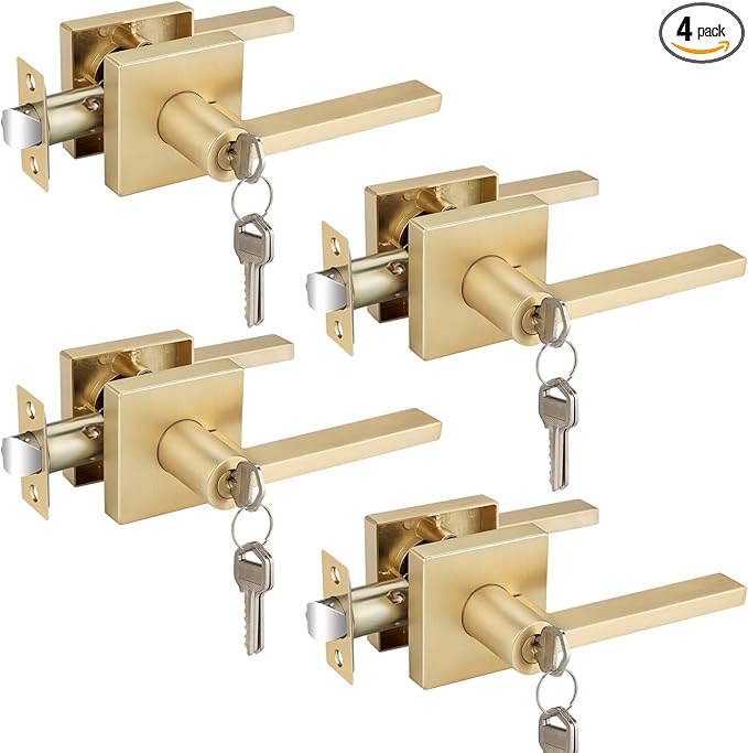 4 Pcs Door Handles Keyed Alike, Satin Brass Door Knobs Interior Modern Door Hardware & Locks, Heavy Duty Door Knobs with Lock and Key, Entry Exterior Door Levers