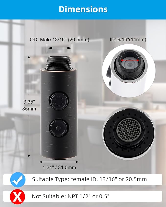 Hibbent Pull Out Sink Sprayer Head Replacement, 2 Function Kitchen Faucet Head, Bathroom Pull Down Spray Head with G1/2 or 13/16 Inch Male Connector, Oil-Rubbed Bronze