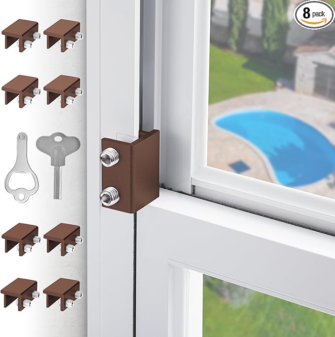 Window Locks for Sliding Windows - Sliding Window Lock Security with Keys - Adjustable Sliding Door Lock - Without Drilling Easv to Install Child Locks for Sliding Door,Patio Door(8 Sets Brown)