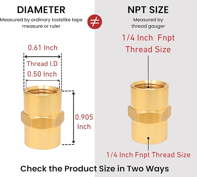 Brass Coupling 1/4 Inch NPT Female x 1/4 Inch NPT Female Hex Head Pipe Fitting, Compressor connector fnpt to fnpt Coupler, Air Hose Adapter Fittings, Thread 0.5" ID to 0.5" ID, 4 Pcs