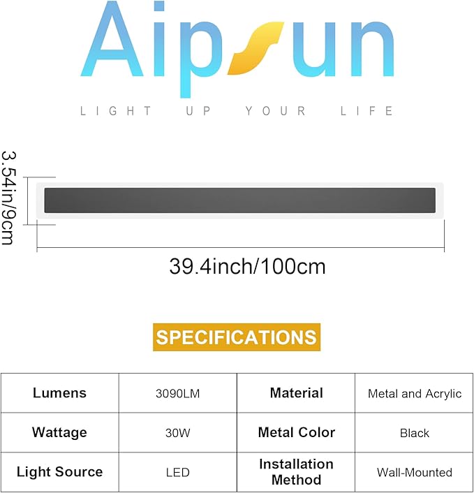 Aipsun Outdoor Wall Sconces 39.4in LED Modern Porch Patio Wall Light Fixture 1 Pack Black Exterior Wall Lights 30W Long Strip Frosted White Acrylic 3000K for House Living Room Corridor