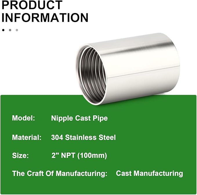 TAISHER 1PCS Stainless Steel Pipe Fittings, 2" NPT Female x 2" NPT Female Threaded, 4" Length Nipple Cast Pipe