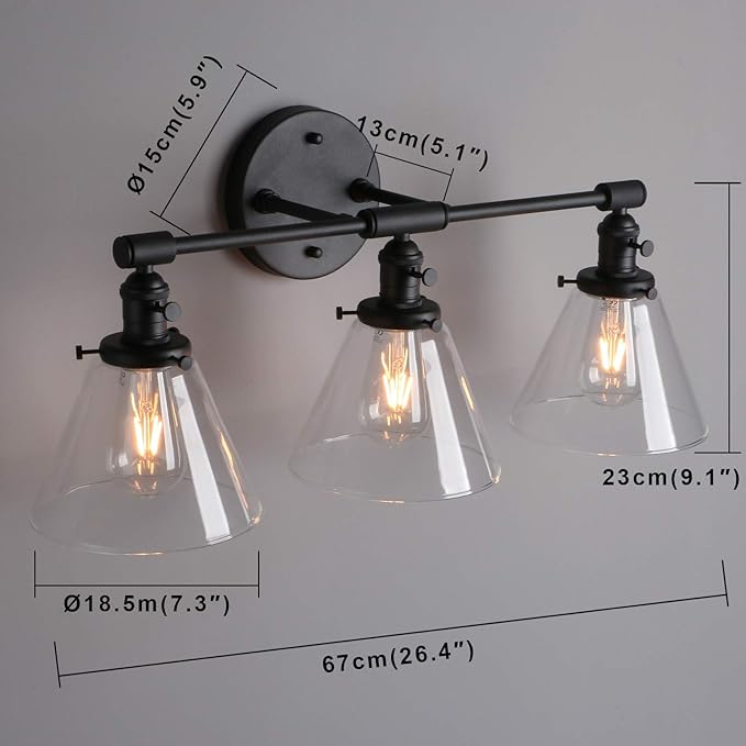 Phansthy 3-Light Wall Sconces Antique Brass Vanity Light, Industrial Wall Lamps with On Off Switch and Clear Glass Lampshade, Vintage Wall Lighting for Bathroom Living Room (Black, Cone Shade)