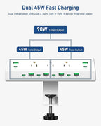 Jgstkcity 90W Desk Clamp Power Strip,12 USB Ports (6 PD 45W USB-C),Surge Protector,ETL Listed Power Hub Extension Cord,Fast Charging Station for Home Office Desk Edge Mount (White, 12 USB-90W)