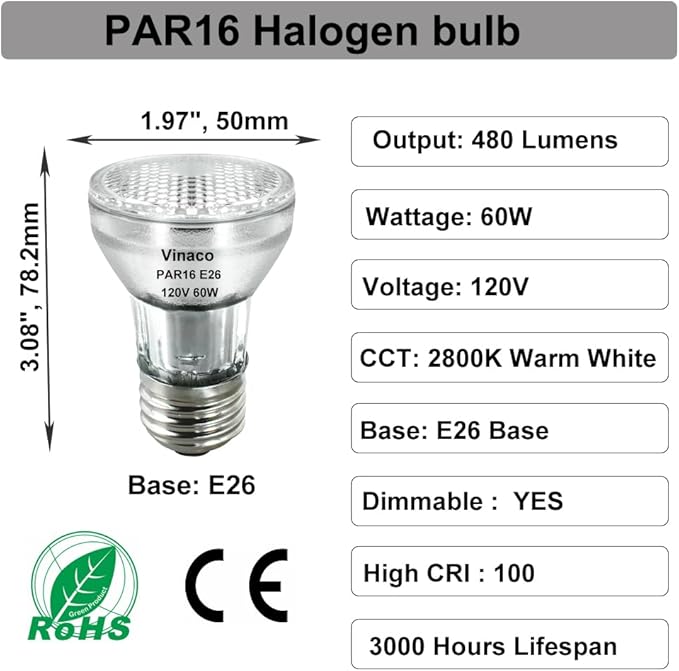 Vinaco PAR16 Halogen Bulb 60 Watt, 6 Pack High Output 480LM Flood, Warm White 2800K, Dimmable with E26 Base, Long Neck for Ceiling Light