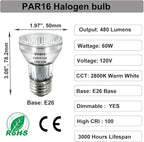 Vinaco PAR16 Halogen Bulb 60 Watt, 6 Pack High Output 480LM Flood, Warm White 2800K, Dimmable with E26 Base, Long Neck for Ceiling Light