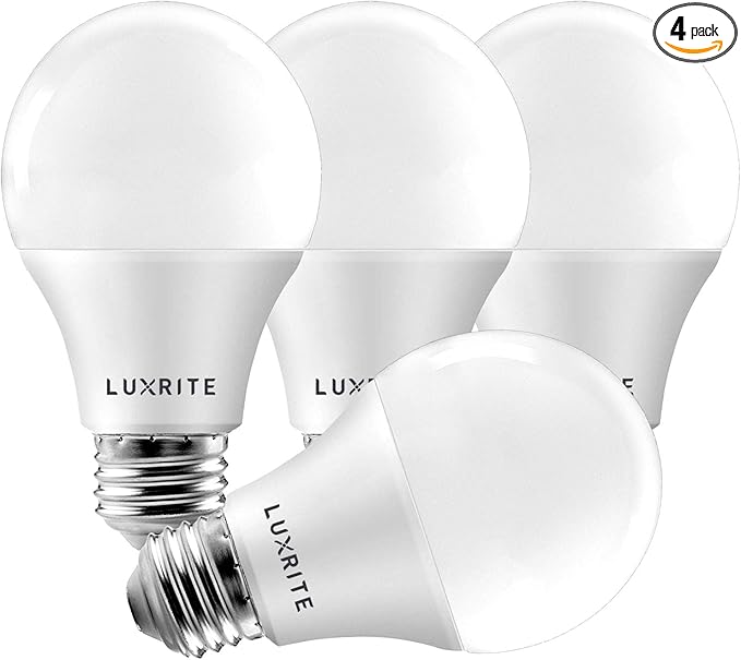 LUXRITE A19 LED Light Bulb 60W Equivalent, 3000K Soft White Dimmable, 800 Lumens, Standard LED Bulb 9W, E26 Base, Energy Star, Enclosed Fixture Rated, Perfect for Lamps and Home Lighting (4 Pack)