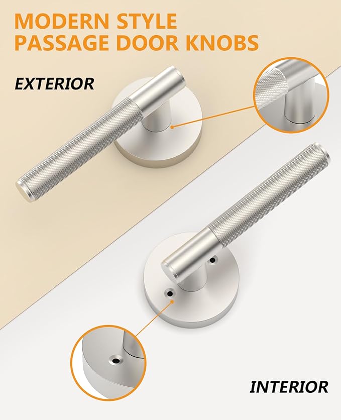 Asidrama 6 Pack Passage Brushed Nickel Door Handles, Door Lever with Door Knobs Indoor for Bedroom or Bathroom, Heavy Duty Door Handles Interior with Locks for Left Right Sided Doors