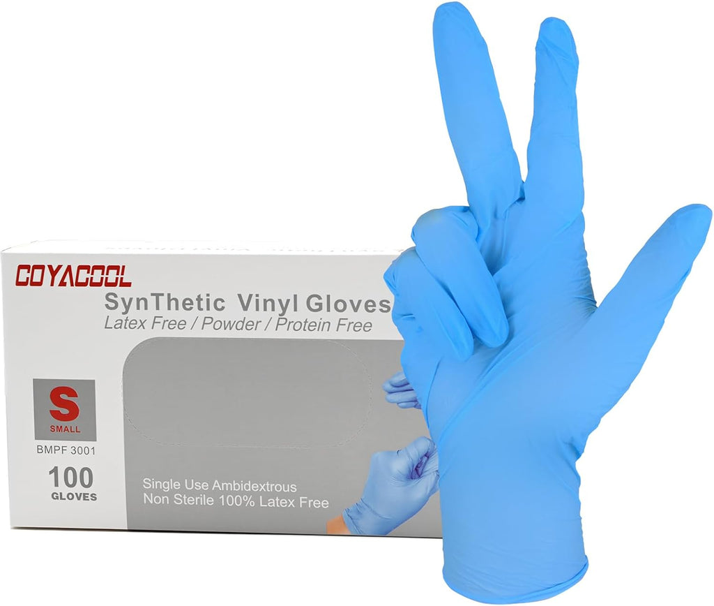 Disposable Latex Free Gloves, Nitrile and Vinyl Blend Material Disposable Gloves, Powder Free, 4 Mil Thick - Food Grade Glove,100 Pc. Cleaning Glove Small, Blue