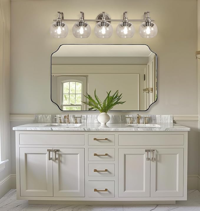 ANDY STAR 5-Light Brushed Nickel Bathroom Light Fixture, 35" Large Wall Sconce, Glass Globe Design, Perfect for Large Bathrooms, Double Vanities, Elegant Linear Design