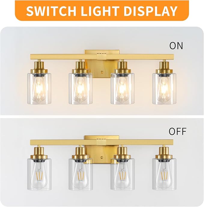 Bathroom Vanity Light, 4-Light Modern Matte Gold Wall Sconce Lighting with Clear Glass Shade, Black Wall Lights,Bath Vintage Wall Mounted Lamps for Mirror Bedroom Living Room