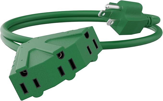 PLUGTUL 2FT Outdoor Extension Cord with Multiple Outlets, 14 Gauge, 3-Outlet, SJTW, 15A 14AWG 1875W SJTW, ETL Listed - Great for Christmas Decoration Lights, Green