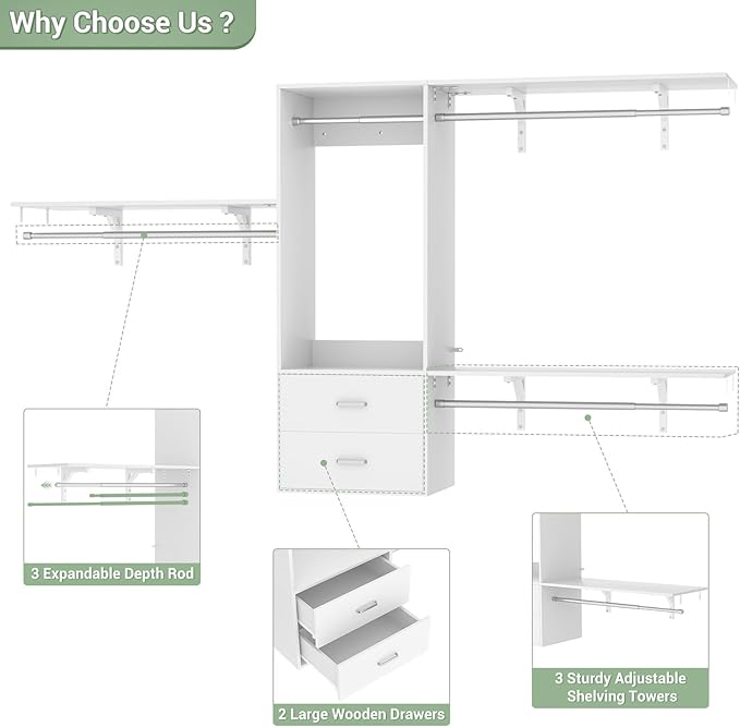 Cyclysio 8 FT Hanging Closet Organizer, 96 Inch Closet Organizer and Storage with 4 Adjustable Rods and 3 Shelving Towers, Wardrobe with Drawers for 4-8FT Spaces(Cut-to-Fit), White