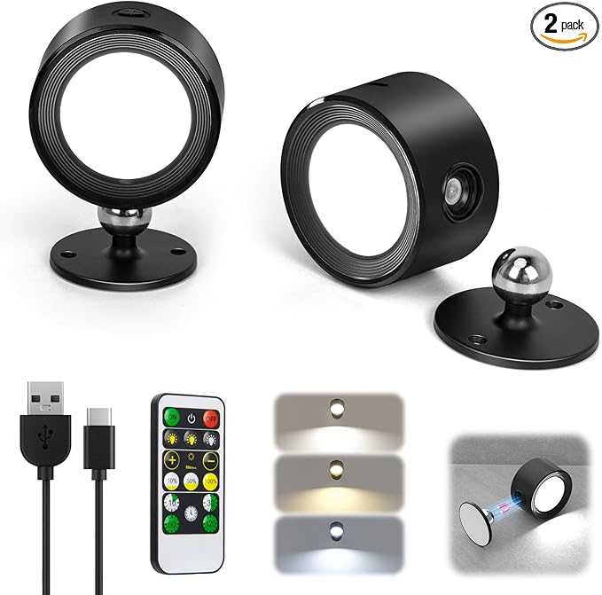 LED Wall Lights, Wall Lamp 3 Color Temperatures & Dimmable Magnetic 360° Rotation with Remote, Wall Sconces 2 Pcs with 3000mAh Rechargeable Battery, Cordless Wall Light for Reading Bedside Hallway