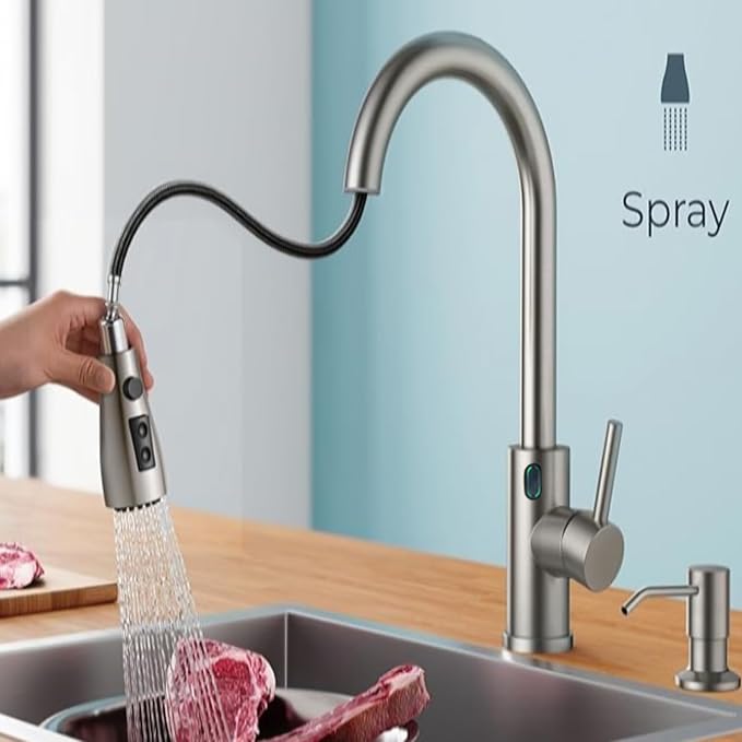 Touch-Less Kitchen Faucet, 3 Modes Pull Down Sprayer,LED Temperature Control,Sensor Activated,Ceramic Valve, 360-Degree Rotation,1 or 3 Hole Deck Plate.10-Year Warranty. (KW-78SN,Brushed Nickel)