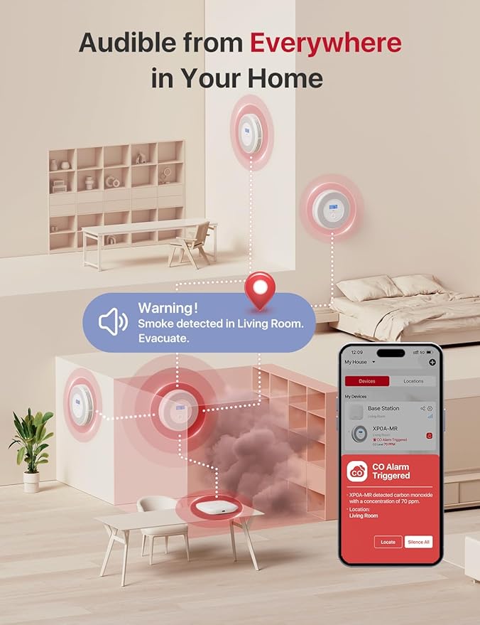 X-Sense Combination Smoke and Carbon Monoxide Detector with Voice Location, Interconnected Smoke Detector Carbon Monoxide Detector Combo with Base Station (Not Included), Model XP0A-MR, 1-Pack