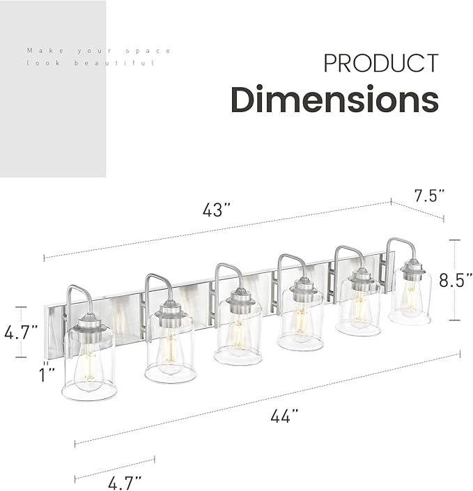 zeyu 6-Light Bathroom Wall Light Fixture, 44 Inch Modern Nickel Vanity Lighting Fixtures for Bedroom, Brushed Nickel Finish with Clear Glass Shade, ZSL72B-6W BN