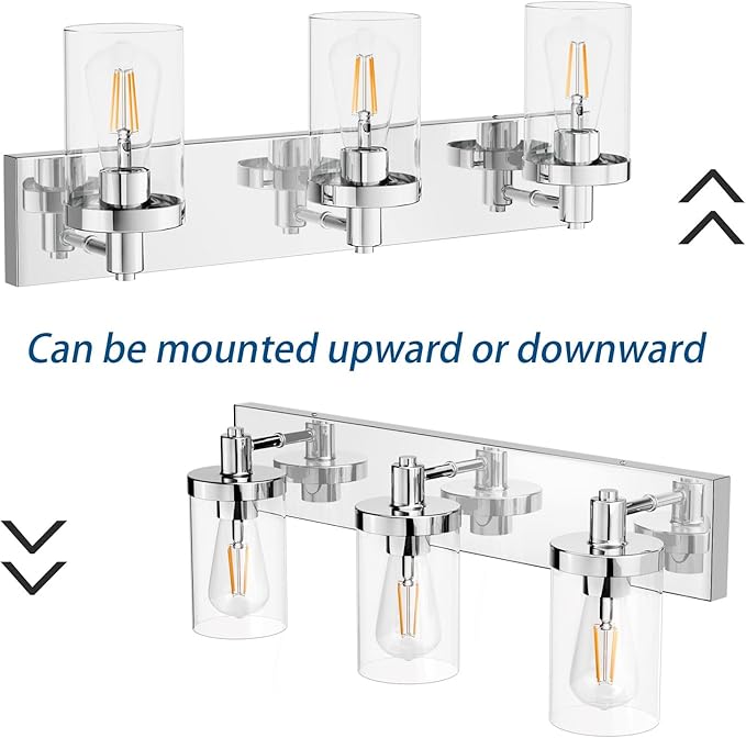 Aipsun Chrome Vanity Light for Bathroom 3 Light Farmhouse Bathroom Lights Fixtures Over Mirror with Clear Glass Shade(Exclude Bulb)