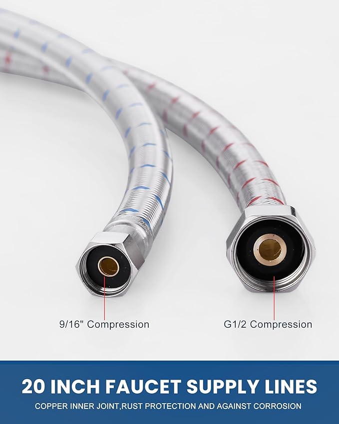 ALEASHA 20'' Length Faucet Supply Line, Stainless Steel Braided cUPC Sink Hose with G1/2" FIP x 3/8" Compression Supply Hose for Sink Faucet Bathroom Kitchen Faucet Connector Water Supply Line 2 PCS