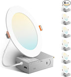 Amico 6 Pack 6 Inch 5CCT Ultra-Thin LED Recessed Ceiling Light with Metal Junction Box, 2700K-5000K Selectable, 12W Eqv 110W, Dimmable Canless Wafer Downlight with Plastic Trim, 1050 Lumens -ETL&FCC