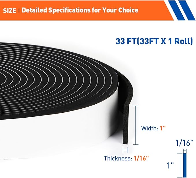 MAGZO Weather Stripping Door Seal, 1 Inch Wide X 1/16 Inch Thick Adhesive Foam Tape Soundproof Weatherstripping for Windows, 1 Rolls Total 33FT Black