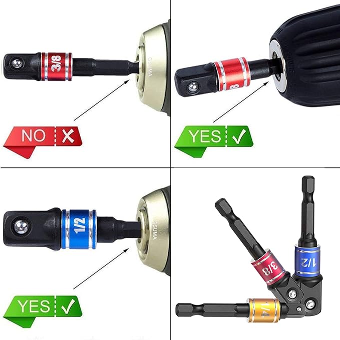 Impact Grade Socket Adapter Set - 3 Pcs Extension Drill Bit Socket Wrench Adapter for Impact Driver 1/4 3/8 1/2" Drive, 105 Degree Right Angle Drill Attachment for Household Workplace Industry