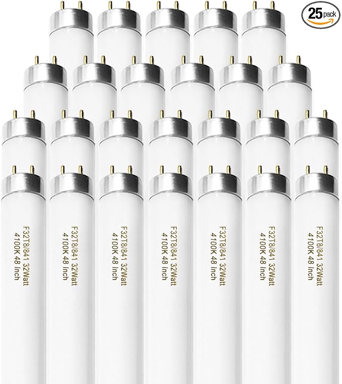 25 Pack F32T8/841 Fluorescent Tube 48 Inch, T8 Fluorescent Light Bulb 4 Foot 32 Watt 4100K Cool White 2600 Lumens G13 Base
