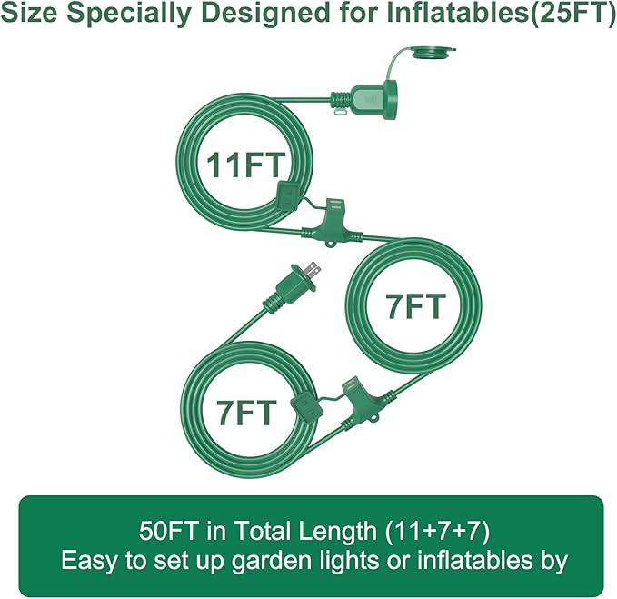 25FT Long Green Extension Cord 3 Outlets for Christmas Inflatables Blow Ups Yard Outdoor Outside Decorations Extension Cords with Multiple Outlets Plugs Cover Splitter Waterproof for Christmas Lights